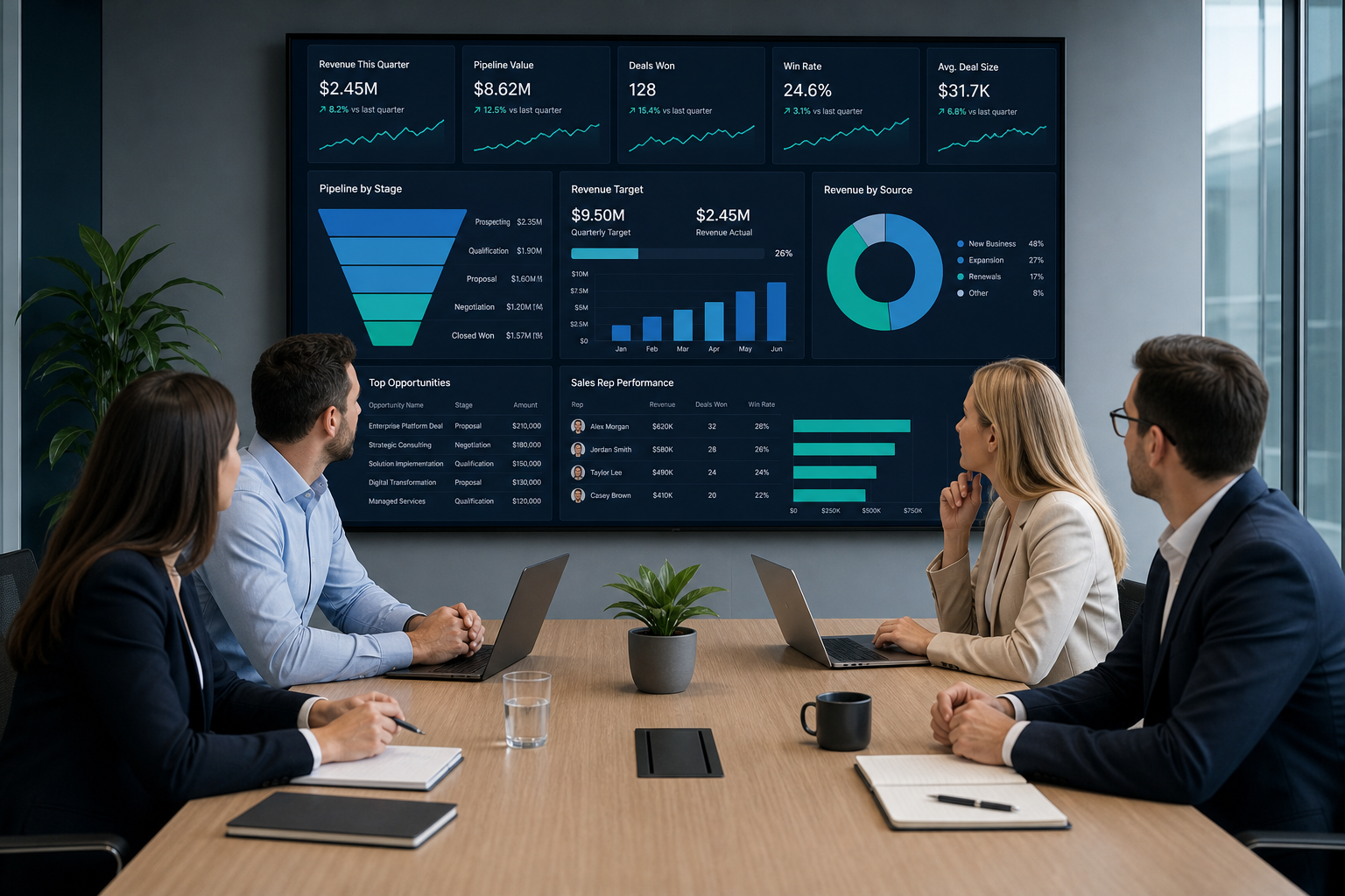Time de marketing, vendas e RevOps B2B em sala de reunião moderna analisando um grande dashboard de CRM em uma tela com gráficos de pipeline e metas de receita