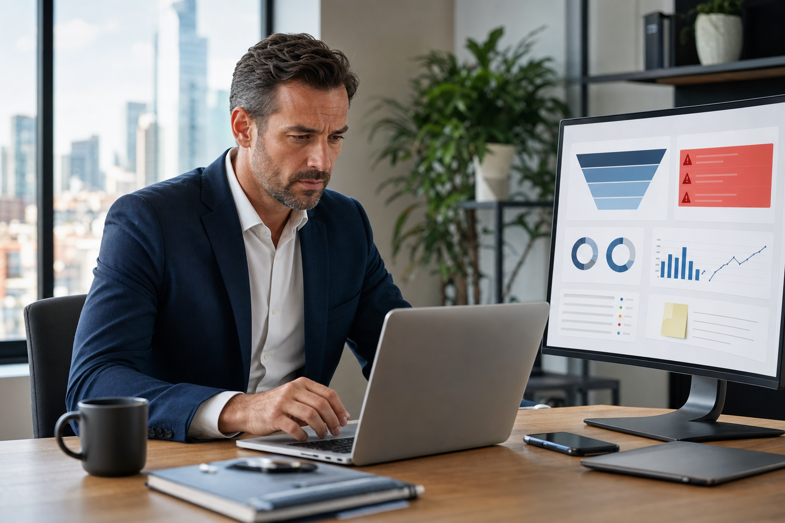 Gerente comercial analisando no CRM os motivos de perda de negócios com dashboard de funil, oportunidades perdidas e forecast.