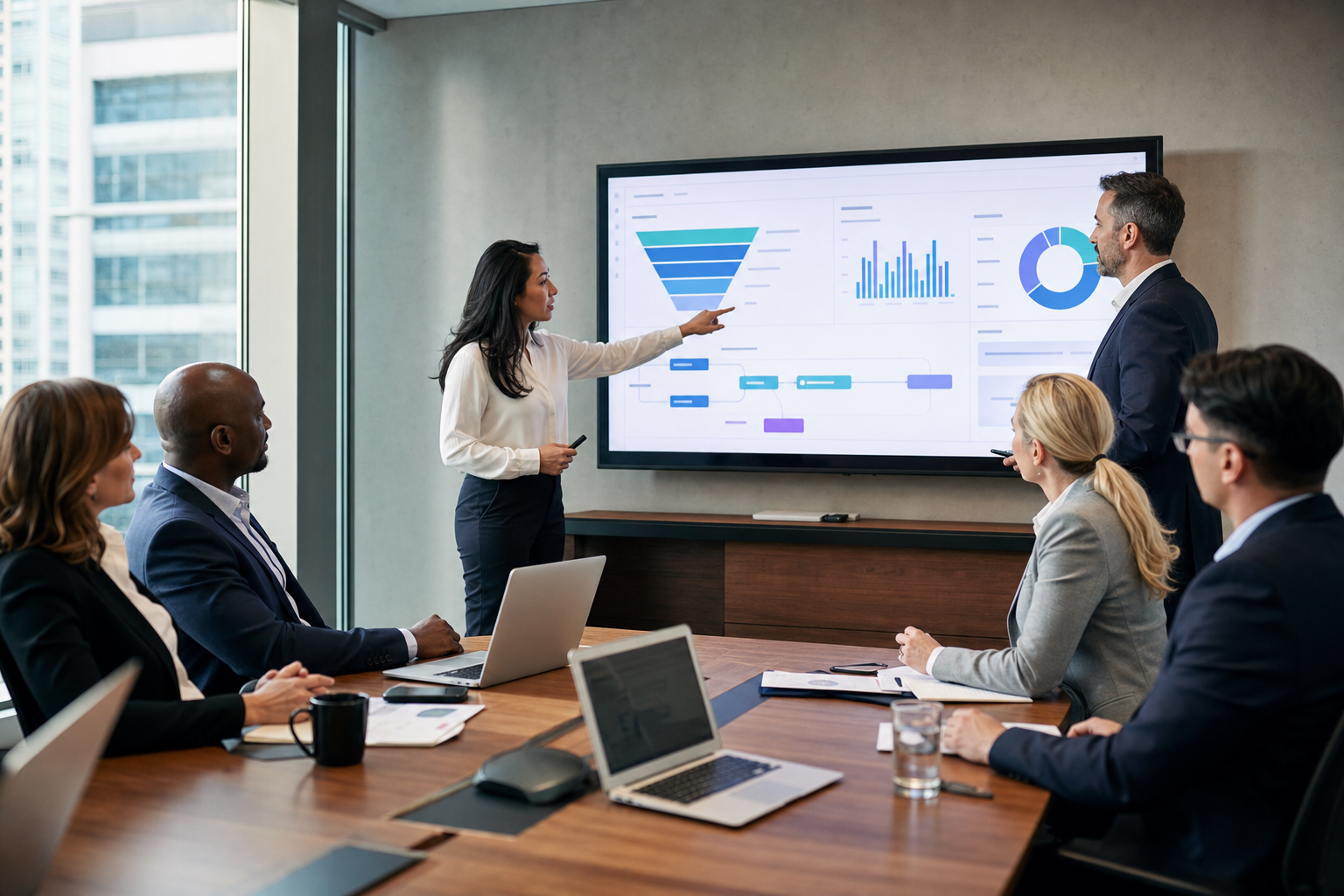 Líderes de marketing e vendas alinhando SLA em frente a um dashboard de CRM compartilhado com funil e handoff de leads.