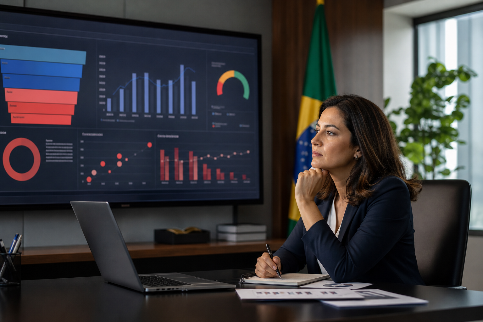 Diretora comercial analisando no CRM um pipeline com oportunidades paradas, alertas em vermelho e indicadores de forecast em um escritório executivo.