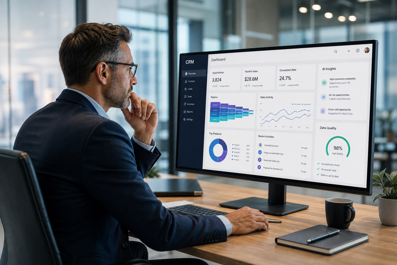 Executivo B2B analisando painel de CRM com gráficos, ícones de inteligência artificial e indicadores de qualidade de dados em um escritório moderno