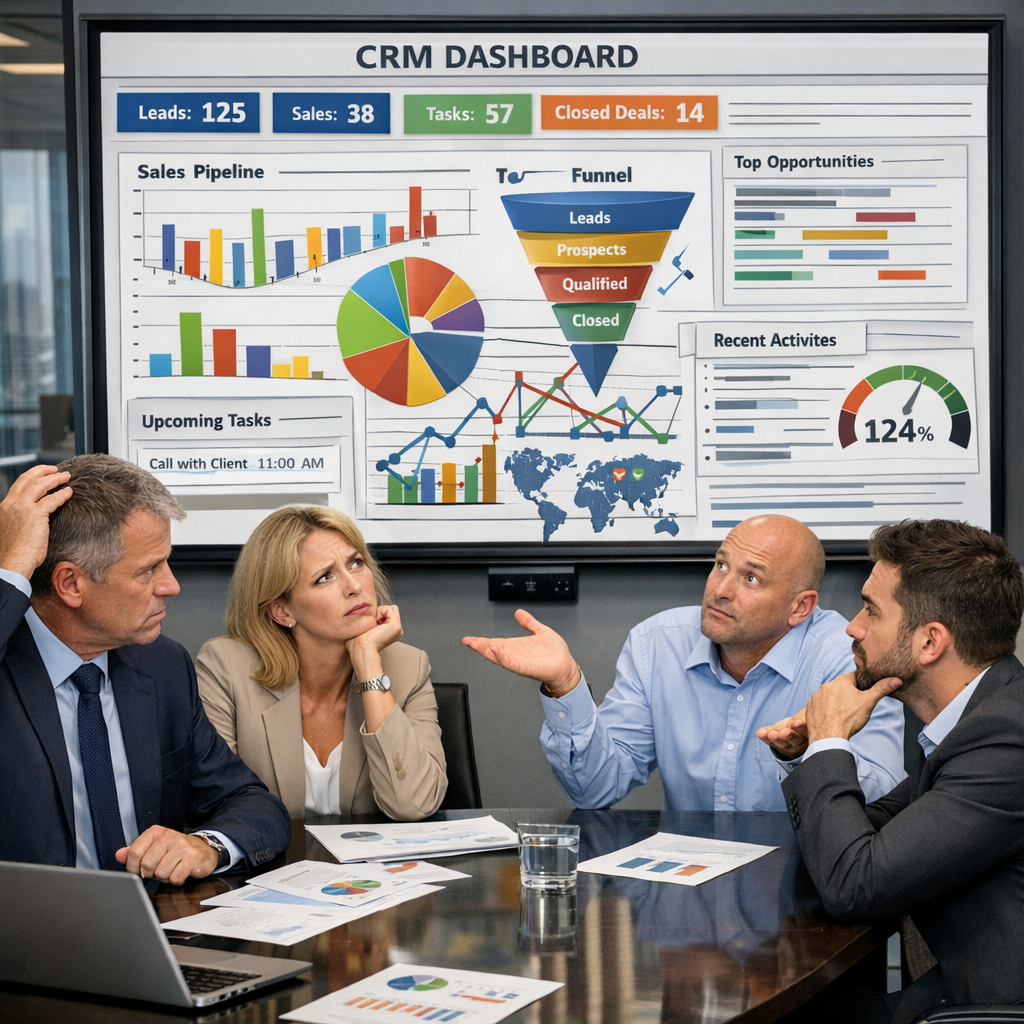 Executivos B2B em sala de reunião analisando um dashboard de CRM confuso