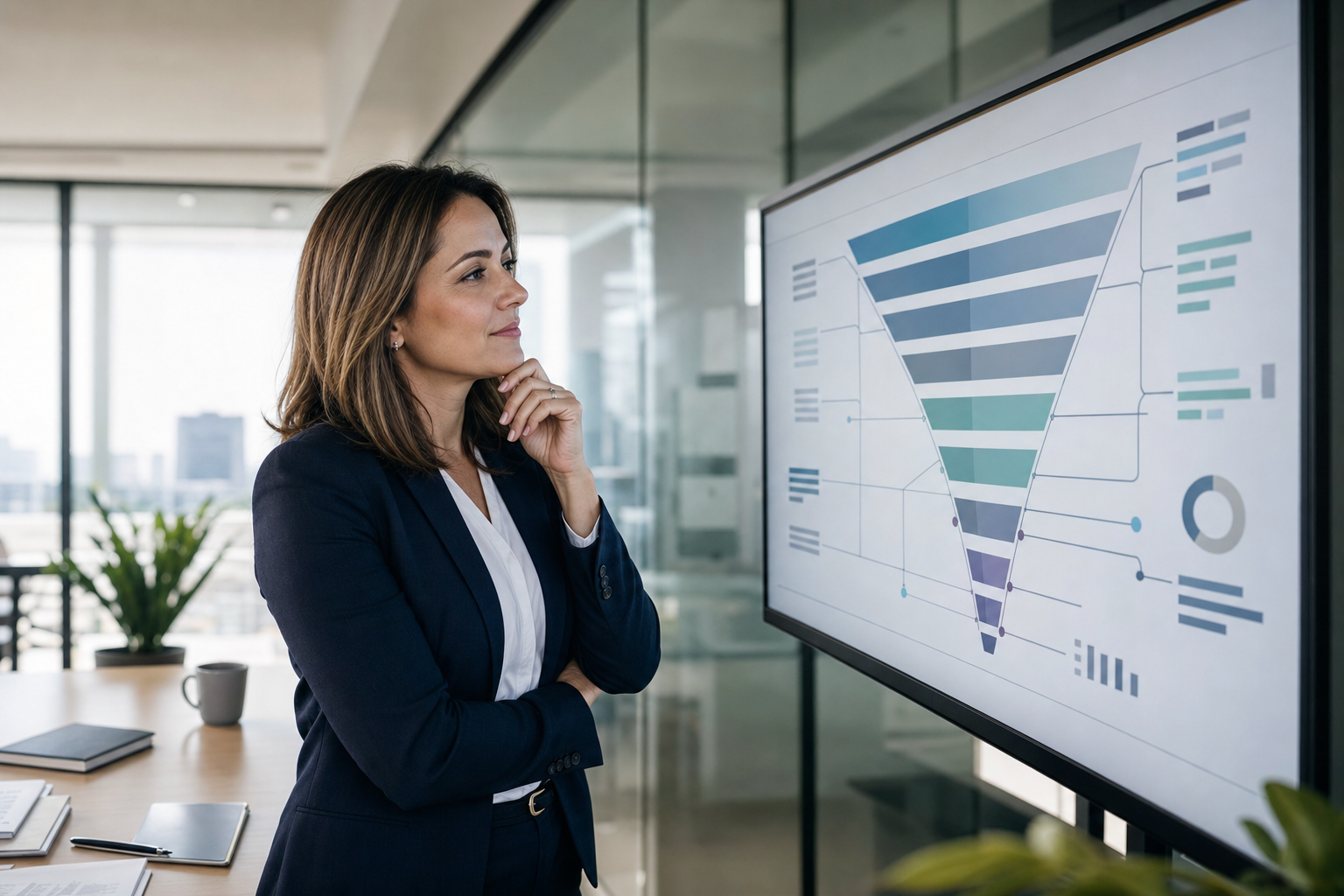 Gestora comercial B2B observando em uma tela grande um funil de vendas enterprise com múltiplas etapas e ciclo longo