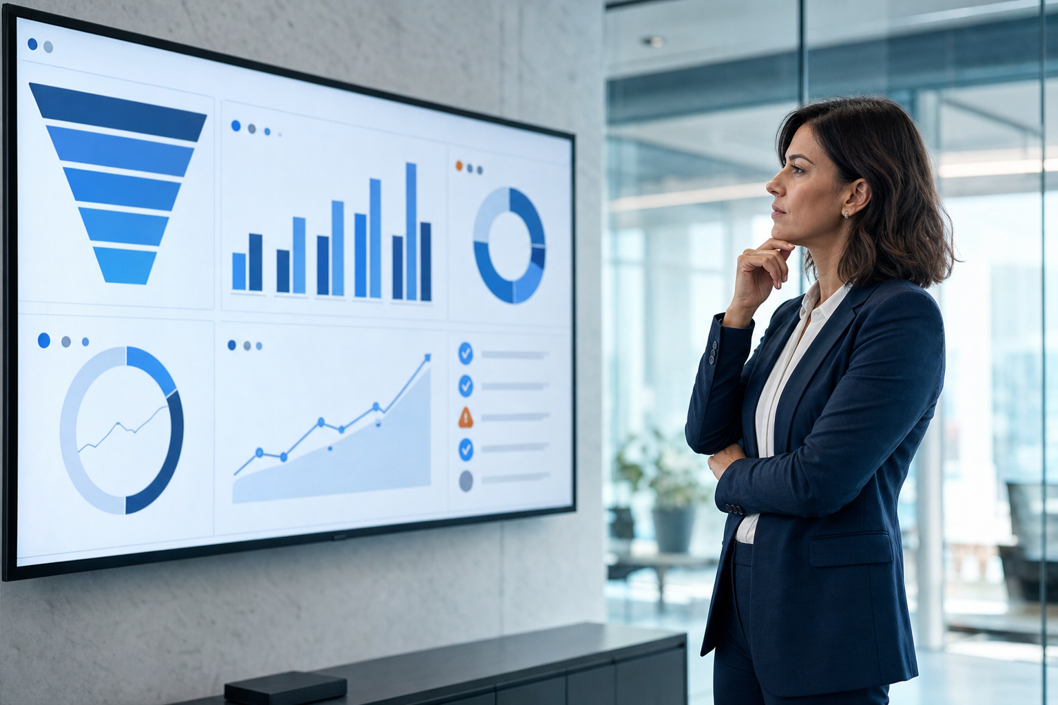 Executiva B2B analisando um dashboard de CRM com pipeline, checklist de auditoria e indicadores de receita previsível em escritório moderno.