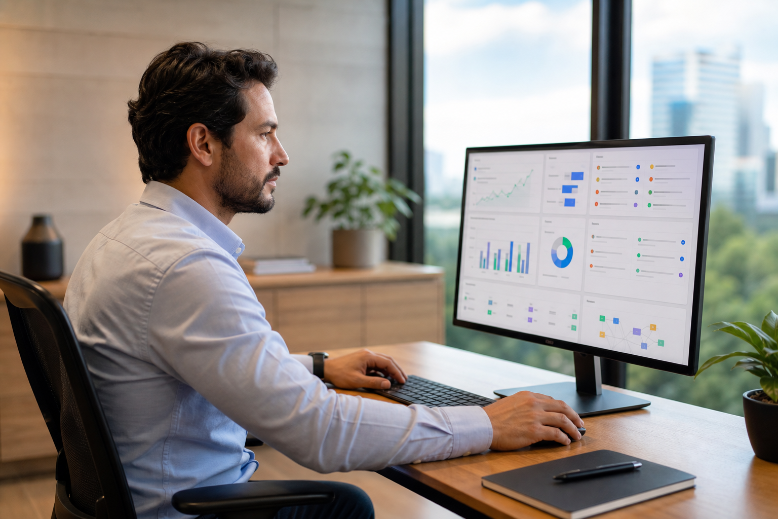 Especialista em RevOps organizando dados de CRM com alertas de qualidade, integrações e indicadores de receita previsível em um escritório moderno.